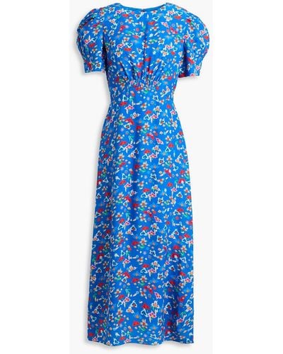 Saloni Bianca Floral-print Silk Crepe De Chine Midi Dress - Blue