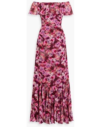 Mikael Aghal Off-the-shoulder Ruffled Floral-print Fil Coupé Gown - Red