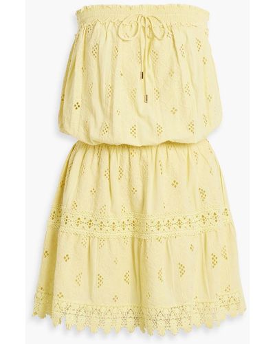 Melissa Odabash Strapless Shirred Broderie Anglaise Cotton Mini Dress - Yellow