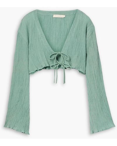 Savannah Morrow Adira Tie-front Crinkled Cotton-gauze Top - Green