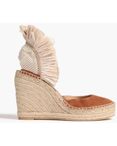 Sergio Rossi Raffia-trimmed Suede And Canvas Wedge Espadrilles - Brown