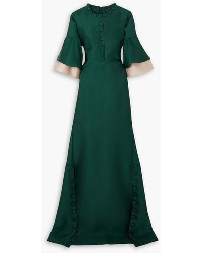 Reem Acra Button-embellished Ruffled Satin-piqué Gown - Green