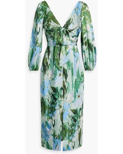 ML Monique Lhuillier Bow-embellished Printed Satin-twill Dress - Green