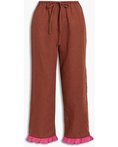 Dora Larsen Alexa Ruffled Linen And Organic Cotton-blend Pajama Pants - Red