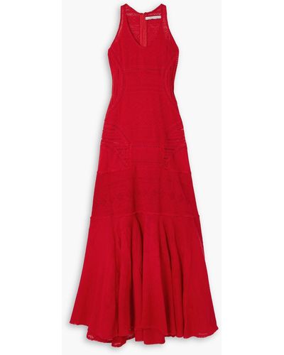 Rue Mariscal Frayed Embroide Crocheted Cotton Maxi Dress - Red