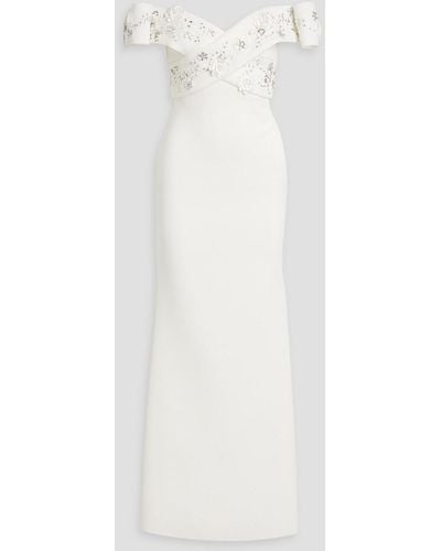 Badgley Mischka Off-the-shoulder Embellished Scuba Gown - White
