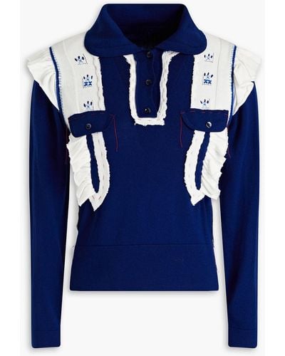 Maison Margiela Embroidered Wool And Cotton-blend Polo Sweater - Blue