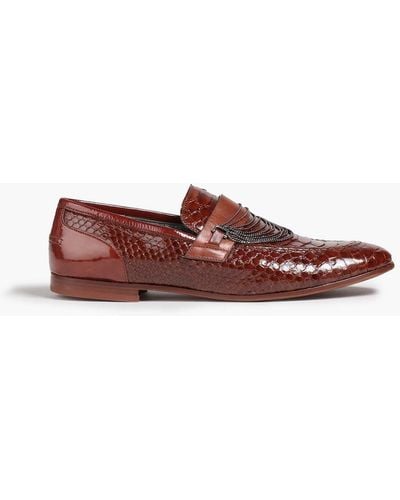 Brunello Cucinelli Embellished Snake-effect Patent-leather Loafers - Red