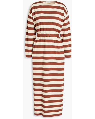 Tory Burch Belted Striped Cotton-jersey Midi Dress - Red