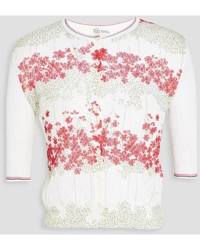 RED Valentino Floral-print Pointelle-knit Cotton-blend Cardigan - Grey