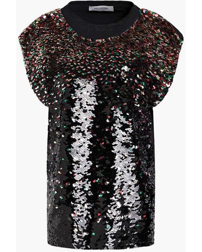 Valentino Sequined Chiffon And Cotton-jersey Top - Black