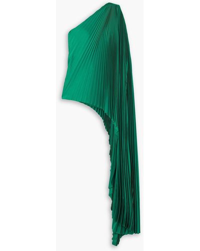 SemSem One-shoulder Asymmetric Plissé-satin Top - Green