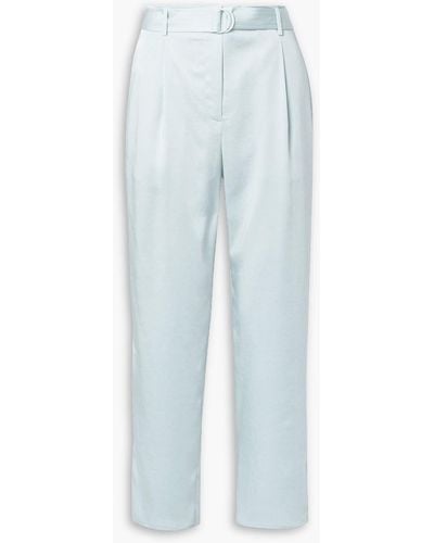 LAPOINTE Belted Pleated Crinkled-satin Straight-leg Pants - Blue