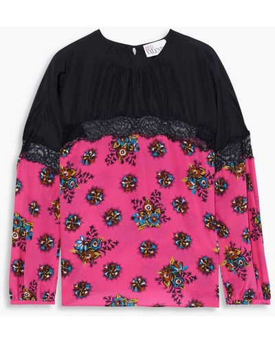 RED Valentino Panelled Lace-trimmed Floral-print Silk Crepe De Chine Blouse - Black