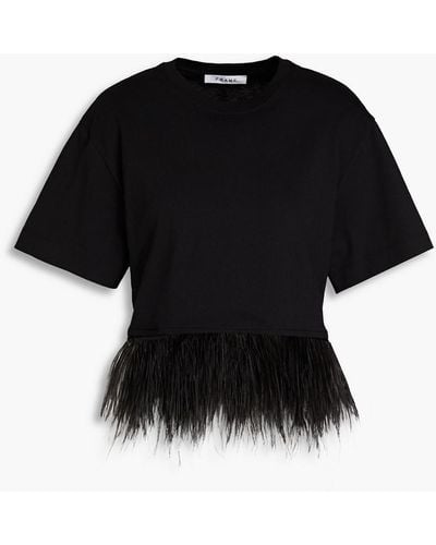 FRAME Cropped Feather-embellished Cotton-jersey T-shirt - Black