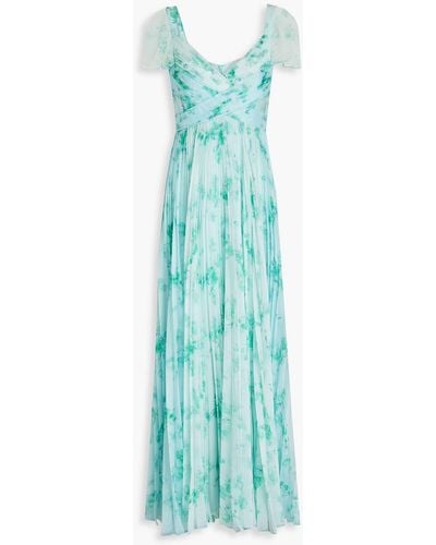 THEIA Pleated Floral-print Chiffon Gown - Blue