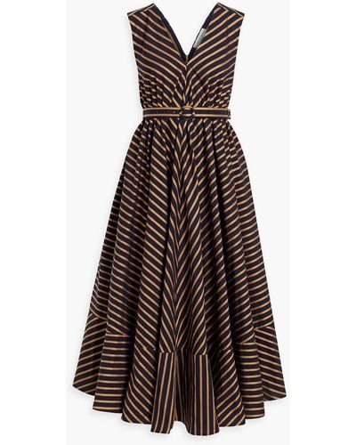 Palmer//Harding Relief Belted Striped Cotton-poplin Midi Dress - Brown