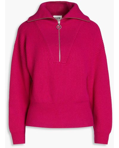 Claudie Pierlot Ribbed Wool And Cashmere-blend Half-zip Jumper - Pink