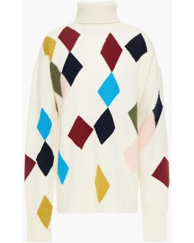 Tory Burch Tully Intarsia Wool-blend Turtleneck Jumper - White