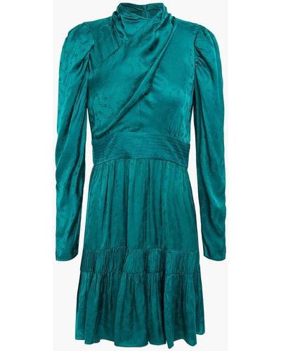 Sandro Gathered Pleated Satin-jacquard Mini Dress - Green
