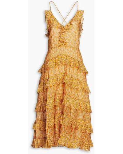 Maje Ruffled Floral-print Cotton-poplin Midi Dress - Yellow
