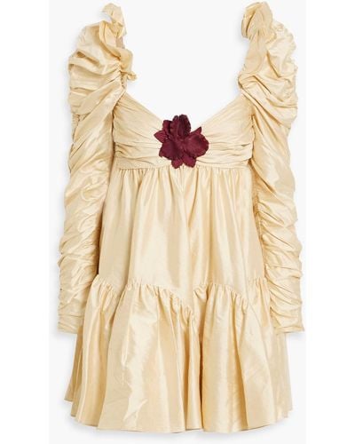 Zimmermann Floral-appliquéd Ruched Silk-shantung Mini Dress - Natural