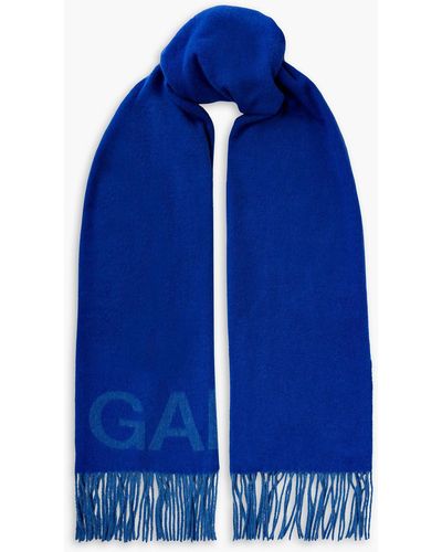 Ganni Fringed Logo-jacquard Wool Scarf - Blue