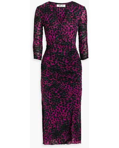 Diane von Furstenberg Mira Ruched Printed Stretch-mesh Midi Dress - Purple