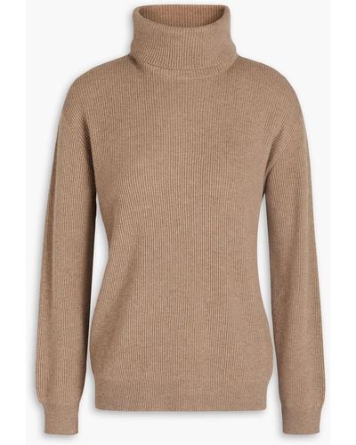 Brunello Cucinelli Bead-embellished Ribbed Cashmere Turtleneck Sweater - Brown