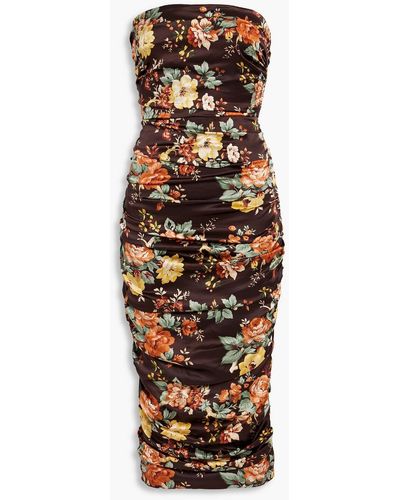 Veronica Beard Kupa Strapless Floral-print Stretch-silk Satin Midi Dress - Brown