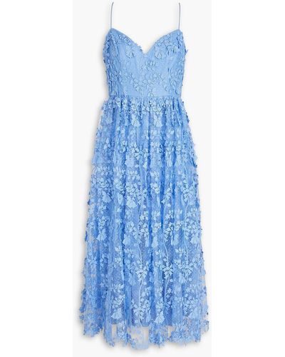 ML Monique Lhuillier Gathered Guipure Lace Midi Dress - Blue