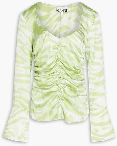 Ganni Ruched Zebra-print Silk-blend Top - Green