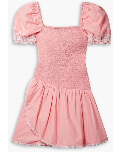 LoveShackFancy Asa Broderie Anglaise-trimmed Shirred Cotton-poplin Mini Dress - Pink