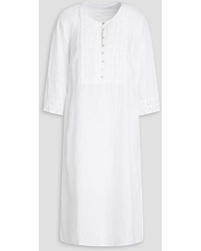 120% Lino Broderie Anglaise-trimmed Linen Midi Dress - White