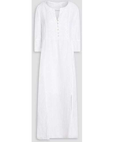 120% Lino Embellished Slub Linen Midi Dress - White