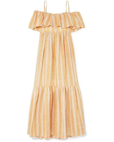 Three Graces London Ida Cold-shoulder Metallic Striped Linen-blend Maxi Dress - Natural