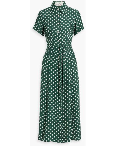 HVN Cristina Polka-dot Silk Midi Shirt Dress - Green