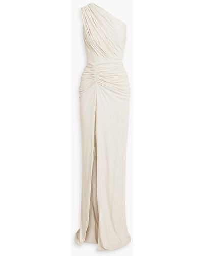 Rhea Costa One-shoulder Ruched Glittered Jersey Gown - White