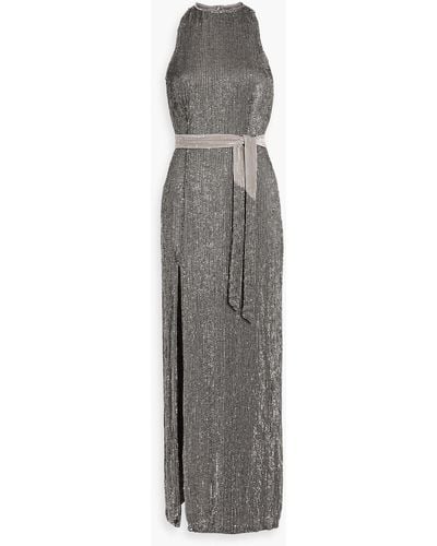 retroféte Tzilly Belted Sequined Chiffon Maxi Dress - Grey