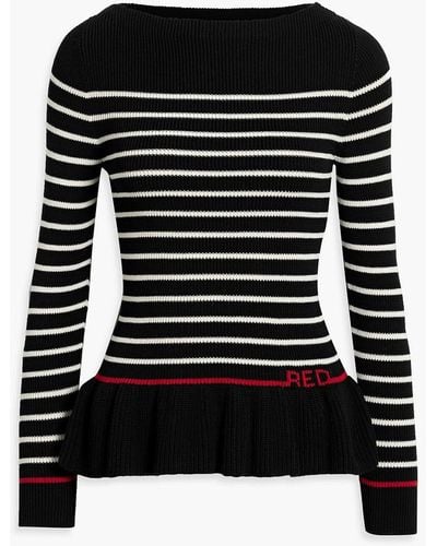 RED Valentino Ruffled Striped Ribbed-knit Jumper - Black