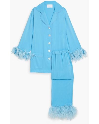 Sleeper Party Feather-trimmed Crepe De Chine Pyjama Set - Blue