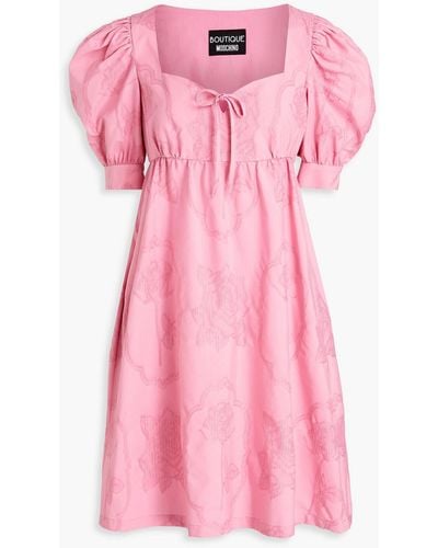 Boutique Moschino Bow-detailed Gathered Cotton-jacquard Mini Dress - Pink