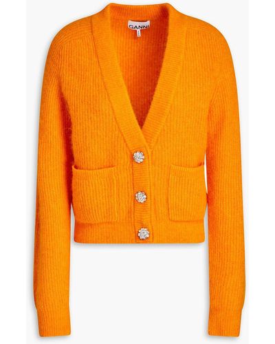 Ganni Crystal-embellished Wool-blend Cardigan - Orange