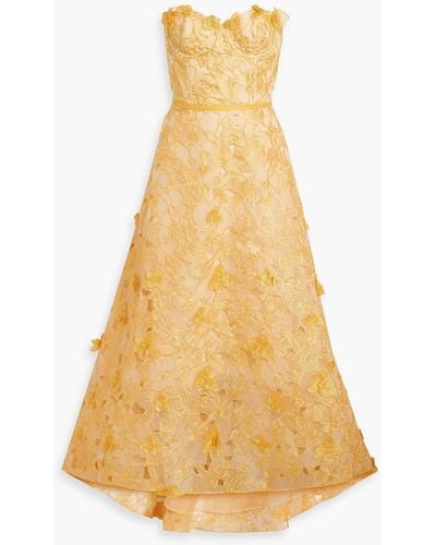 Marchesa Strapless Layered Embroidered Organza And Tulle Gown - Yellow
