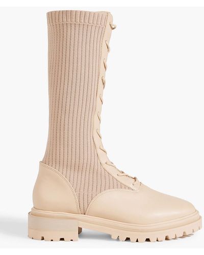 Porte & Paire Ribbed-knit And Leather Combat Boots - Natural