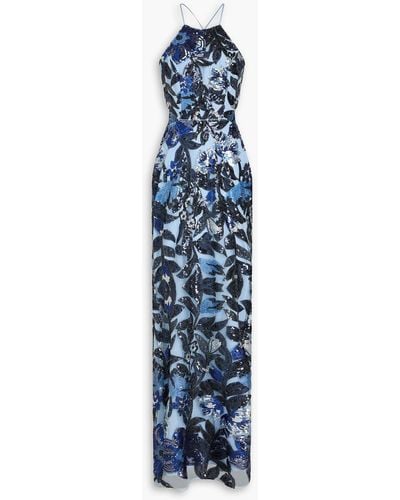 Marchesa Cutout Sequined Tulle Halterneck Maxi Dress - Blue