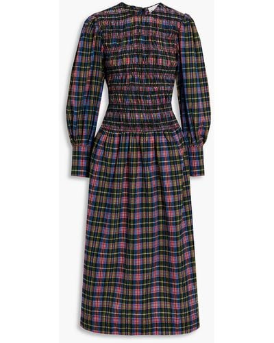 Ganni Shirred Checked Cotton-blend Seersucker Midi Dress - Multicolor