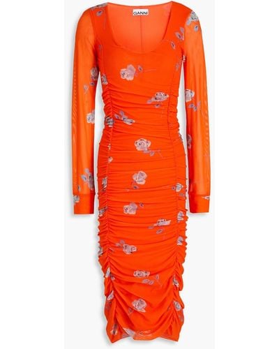 Ganni Ruched Floral-print Mesh Midi Dress - Orange
