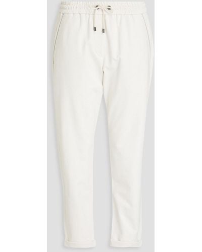 Brunello Cucinelli Cropped Bead-embellished French Cotton-blend Terry Track Trousers - Natural