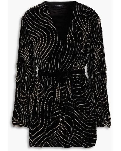 retroféte Embellished Belted Velvet Mini Wrap Dress - Black